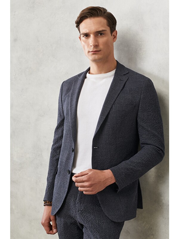 Altınyıldız Classics Erkek Antrasit-Lacivert Slim Fit Dar Kesim Mono Yaka Kareli Klasik Takım Elbise