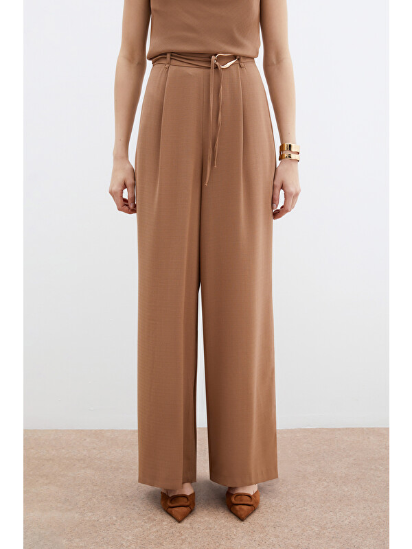 SATEEN Kemerli Salaş Pantolon - Vizon