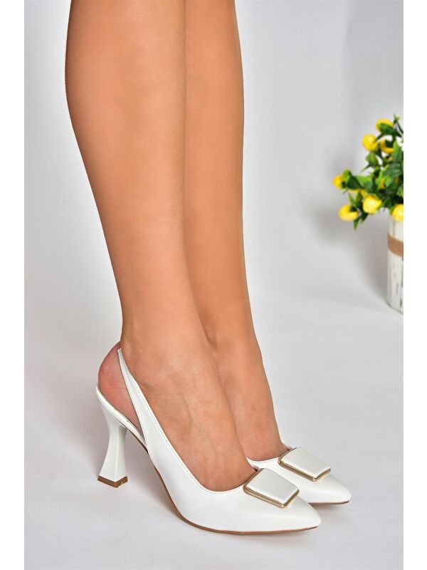 P250148209 Beyaz Tokalı Kalın Topuklu Kadın Ayakkabı - Görsel 4