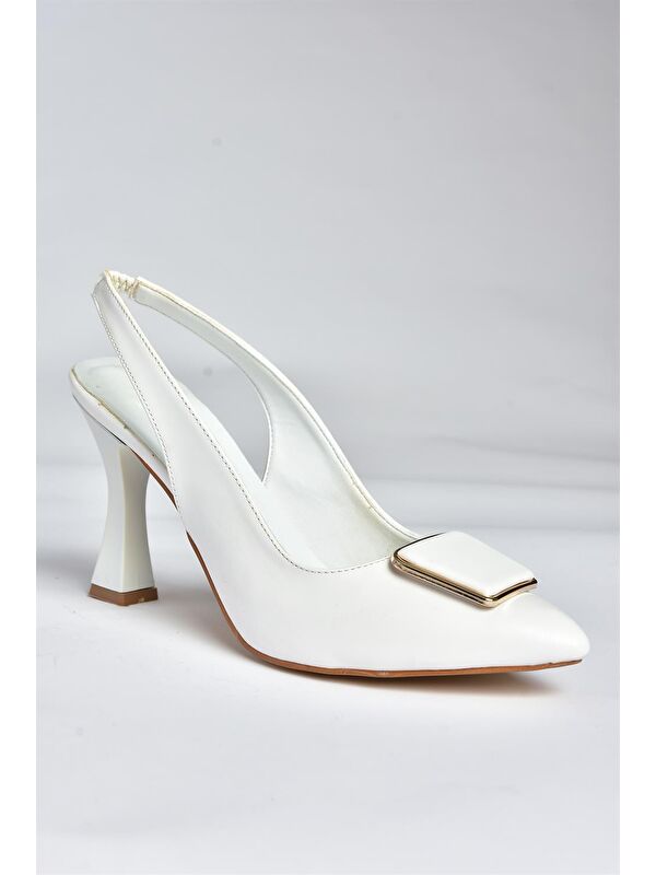 P250148209 Beyaz Tokalı Kalın Topuklu Kadın Ayakkabı - Görsel 6