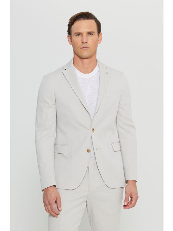 Altınyıldız Classics Erkek Bej Pamuklu Slim Fit Dar Kesim Mono Yaka Diagonal Desenli Kapak Cepli Takım Elbise