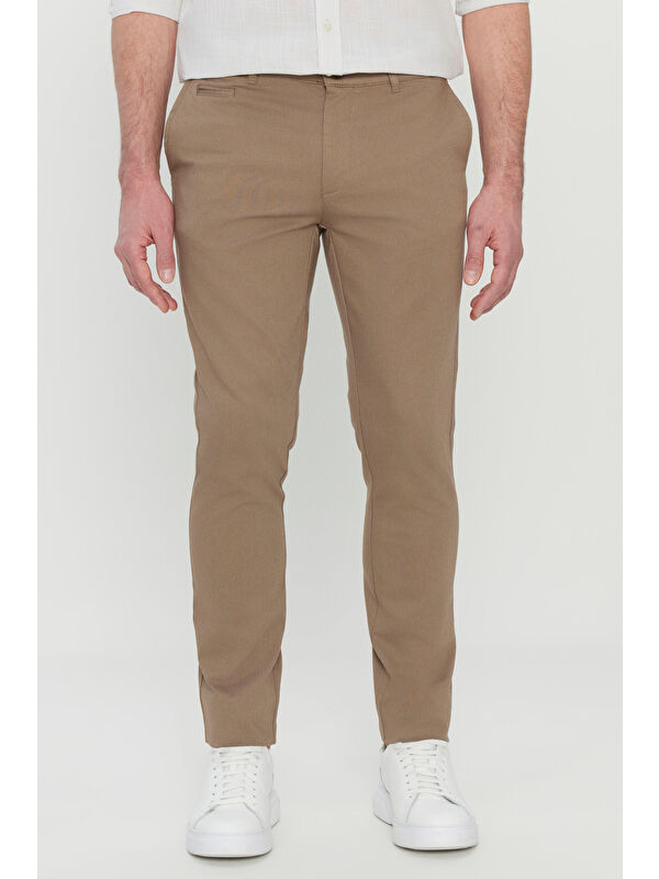 Altınyıldız Classics Erkek Bej Pamuklu Slim Fit Armürlü Yan Cepli Esnek Casual Pantolon