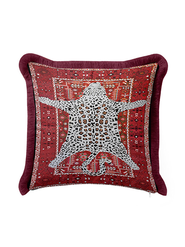 Milbay Grup Lüks Leopar Halı Motifli Saçaklı Yastık Kılıfı - Vintage Bohem Kırmızı Gold Püsküllü Kırlent Kılıfı