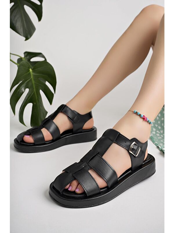 DOSSİ Dolgu Topuklu Bilekten Bağlamalı Tokalı Kadın Sandalet - Görsel 3