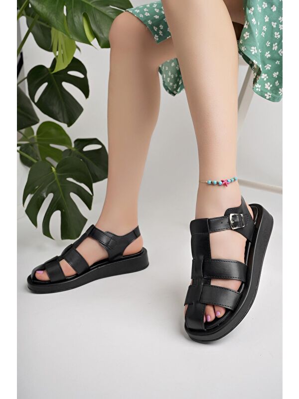 DOSSİ Dolgu Topuklu Bilekten Bağlamalı Tokalı Kadın Sandalet - Görsel 4