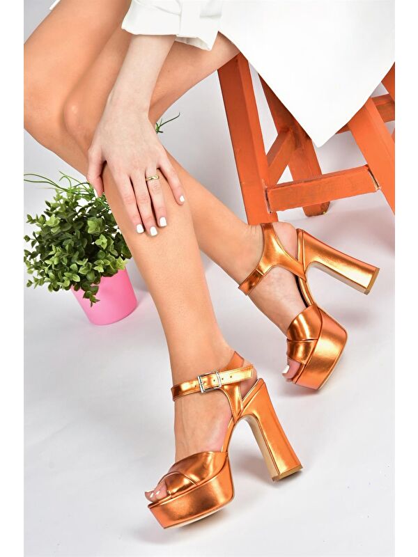 M348202459 Turuncu Suni Deri Platform Topuklu Kadın Abiye Ayakkabı - Görsel 3