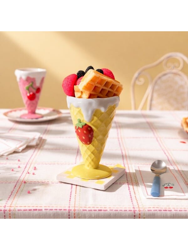 Evidea Kitchen Çilek Desenli Seramik Dondurmalık - Sarı