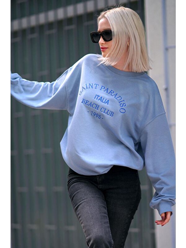 Madmext Mavi Bisiklet Yaka Baskılı Sweatshirt Mg1924