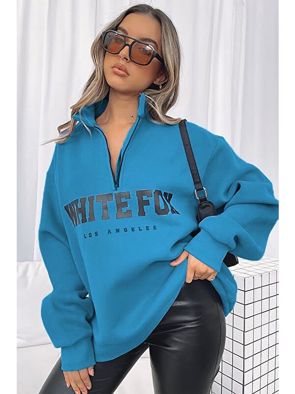 Madmext İndigo Fermuar Detaylı Baskılı Sweatshirt Mg1246