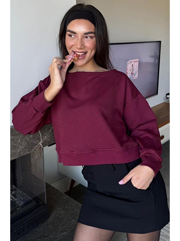Madmext Bordo Kayık Yaka Kadın Sweatshirt Mg2208