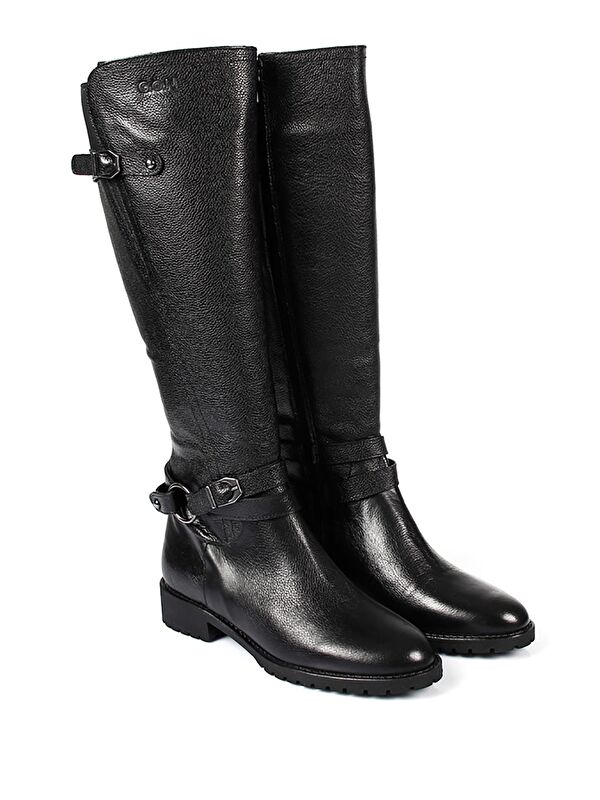 SİYAH Hakiki Deri Yuvarlak Burun Kauçuk Taban Topuklu Tokalı Kadın Günlük Çizme 63564 - Görsel 3