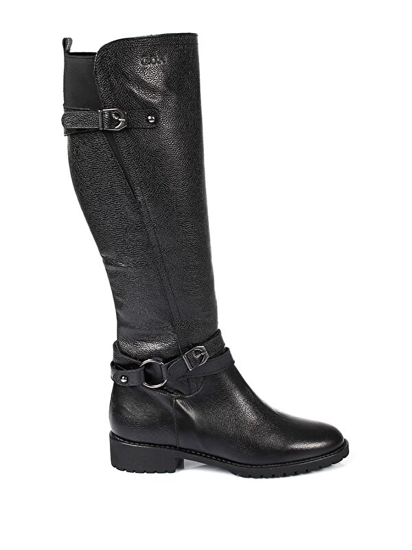 SİYAH Hakiki Deri Yuvarlak Burun Kauçuk Taban Topuklu Tokalı Kadın Günlük Çizme 63564 - Görsel 4