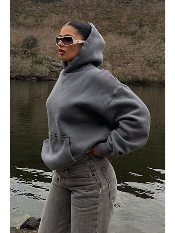 Madmext Füme Kapüşonlu Şardonlu Oversize Cepli Sweatshirt Mg2206