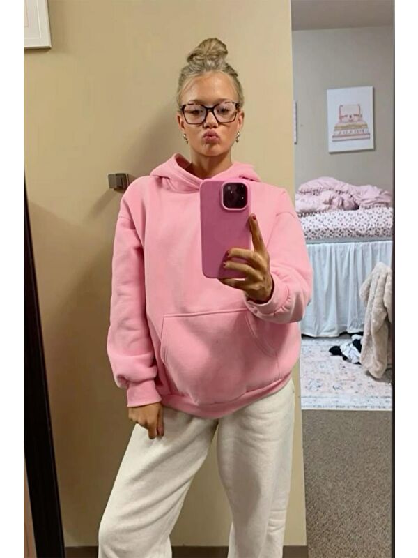 Madmext Pembe Kapüşonlu Şardonlu Oversize Cepli Sweatshirt Mg2206