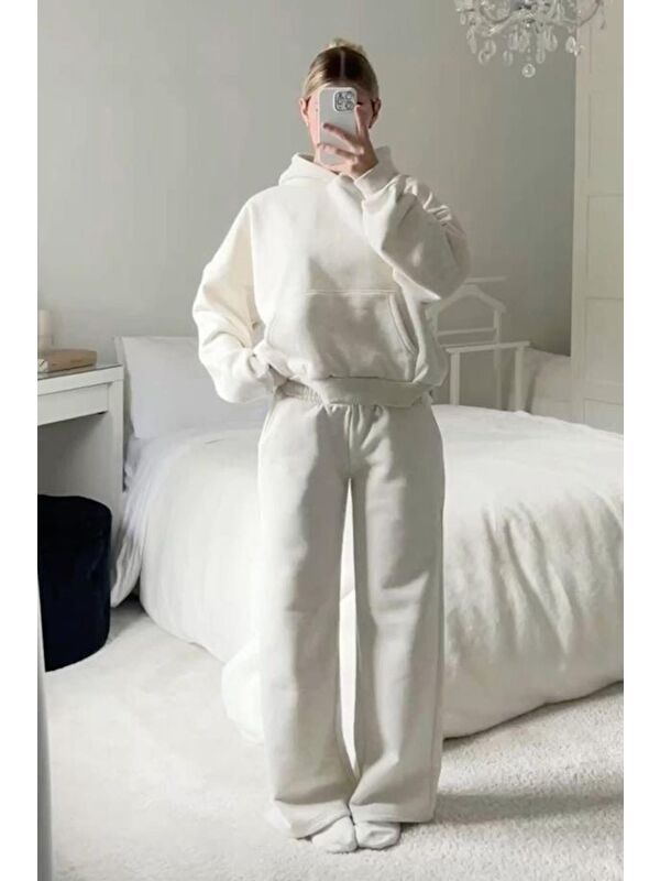 Madmext Ekru Kapüşonlu Şardonlu Oversize Cepli Sweatshirt Mg2206