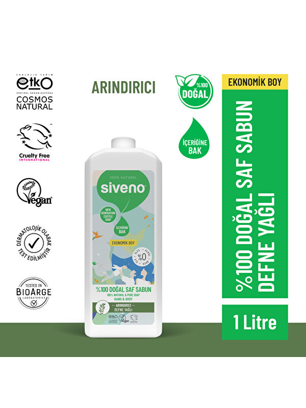 Siveno %100 Doğal Sıvı Kastil Sabun Defne Yağlı Yoğun Nemlendirici Arındırıcı Bitkisel Vegan 1000 ml