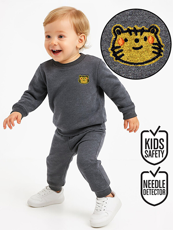 Denokids Kedi Erkek Bebek Koyu Gri Eşofman Takım