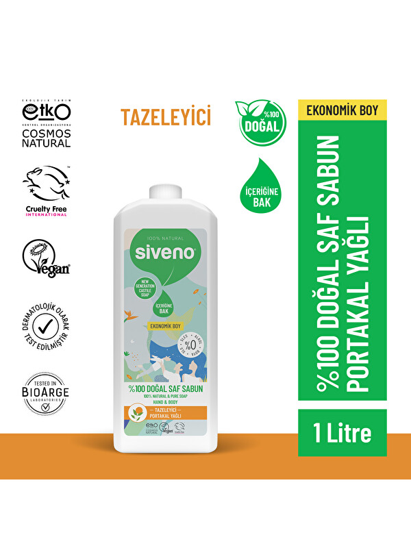 Siveno %100 Doğal Sıvı Kastil Sabun Portakal Yağlı Tazeleyici Nemlendirici Bitkisel Vegan 300 ml