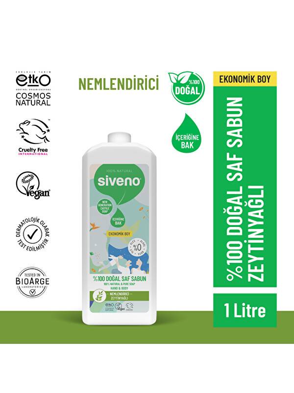 Siveno %100 Doğal Sıvı Kastil Sabun Zeytinyağlı Yoğun Nemlendirici Bitkisel Vegan 1000 ml