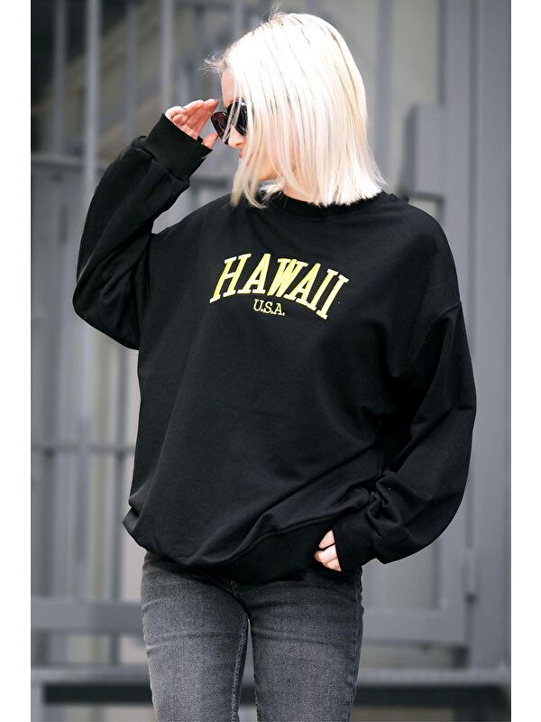 Madmext Siyah Bisiklet Yaka Baskılı Sweatshirt Mg1922
