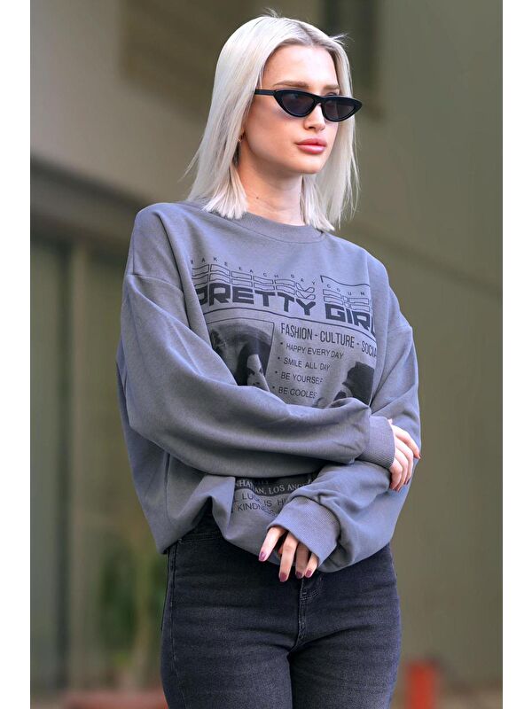 Madmext Füme Baskılı Oversize Kadın Sweatshirt Mg1923