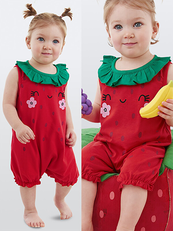 Denokids Tatlı Çilek Kız Bebek Pamuklu Yazlık Tulum