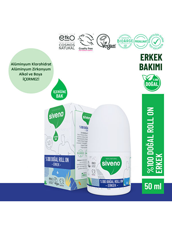 Siveno %100 Doğal Roll On Erkek Deodorant Ter Kokusu Önleyici Bitkisel Leke Bırakmayan Vegan 50 ml