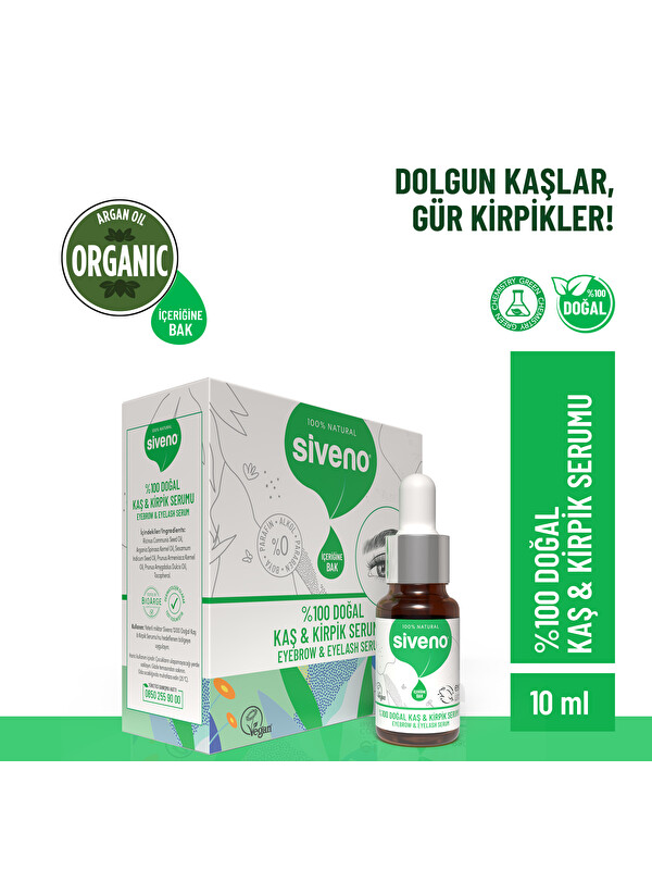 Siveno %100 Doğal Kaş ve Kirpik Serumu Bitkisel Yoğunlaştırıcı Canlandırıcı Yoğun Bakım Yağı Vegan 10 ml