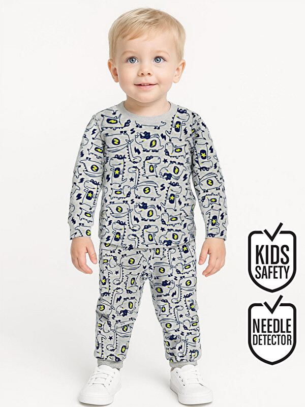 Denokids Süper Dino Erkek Bebek Gri Pijama Takımı
