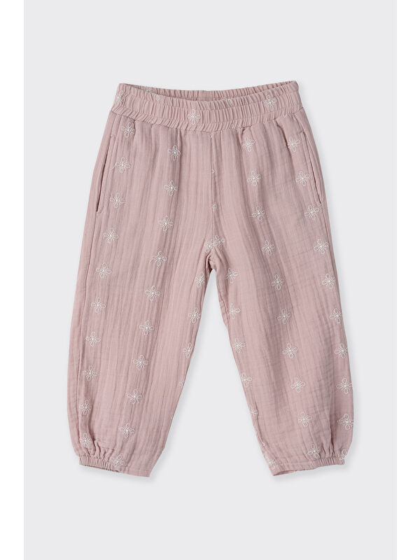 Panço Kız Bebek Nakışlı Müslin Pembe Pantolon
