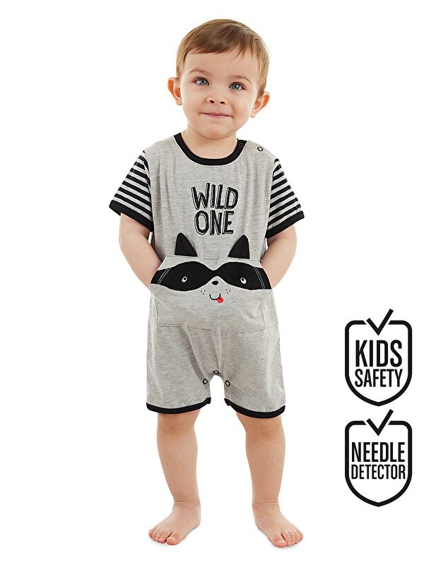Denokids Rakun Erkek Bebek Gri Yazlık Tulum