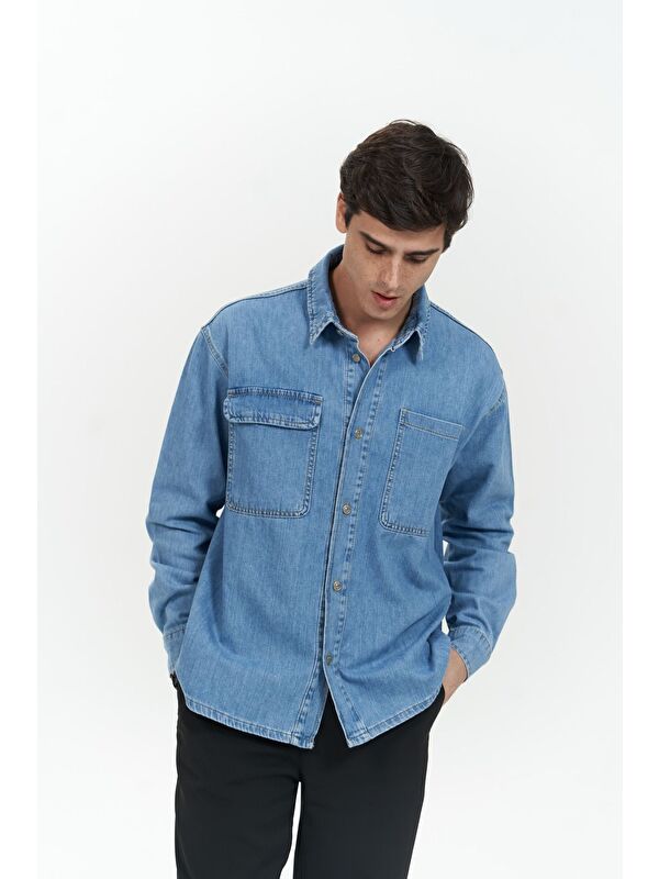 Mai Collection Ethan Mavi Unisex %100 Pamuk Jean Gömlek