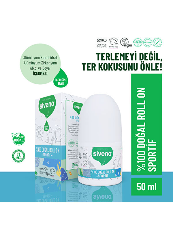Siveno %100 Doğal Roll-On Sportif Sporcu Deodorant Ter Kokusu Önleyici Bitkisel Lekesiz Vegan 50 ml