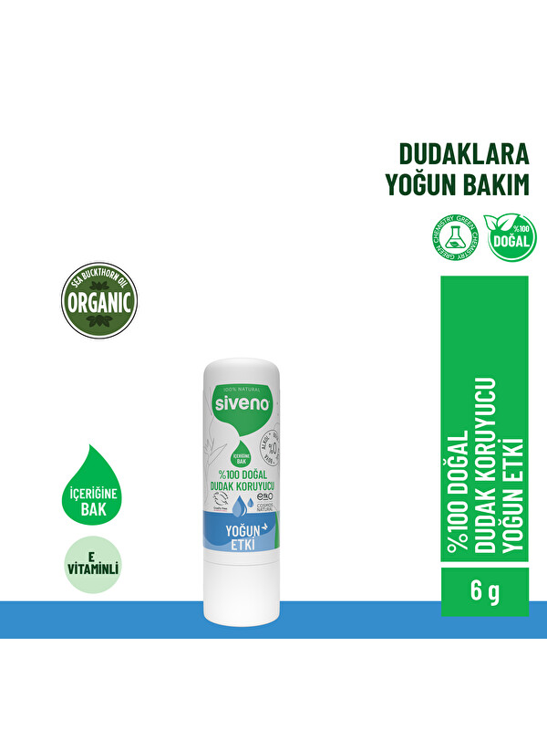 Siveno %100 Doğal Dudak Koruyucu Yoğun Etki Bitkisel Lipbalm Krem Nemlendirici Parlatıcı Onarıcı 6 G