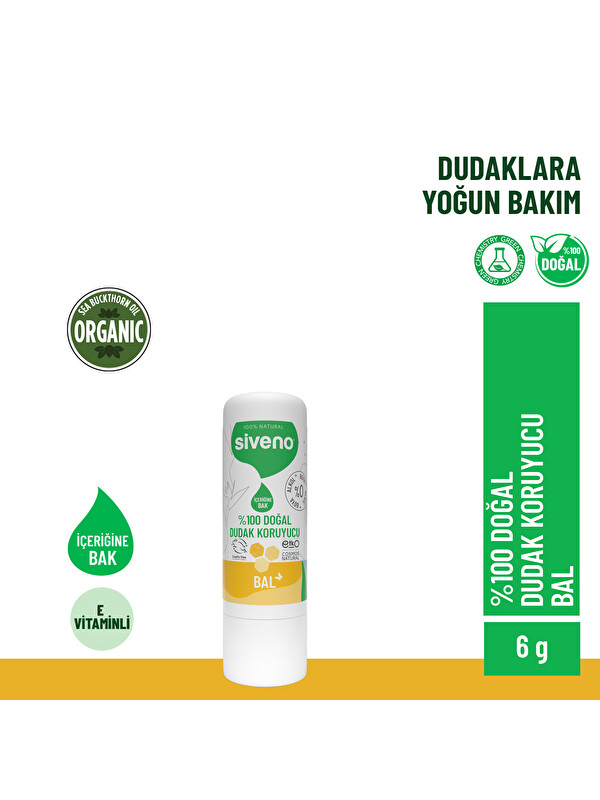 Siveno %100 Doğal Dudak Koruyucu Bal Bitkisel Lipbalm Dudak Kremi Nemlendirici Parlatıcı Onarıcı 6 G