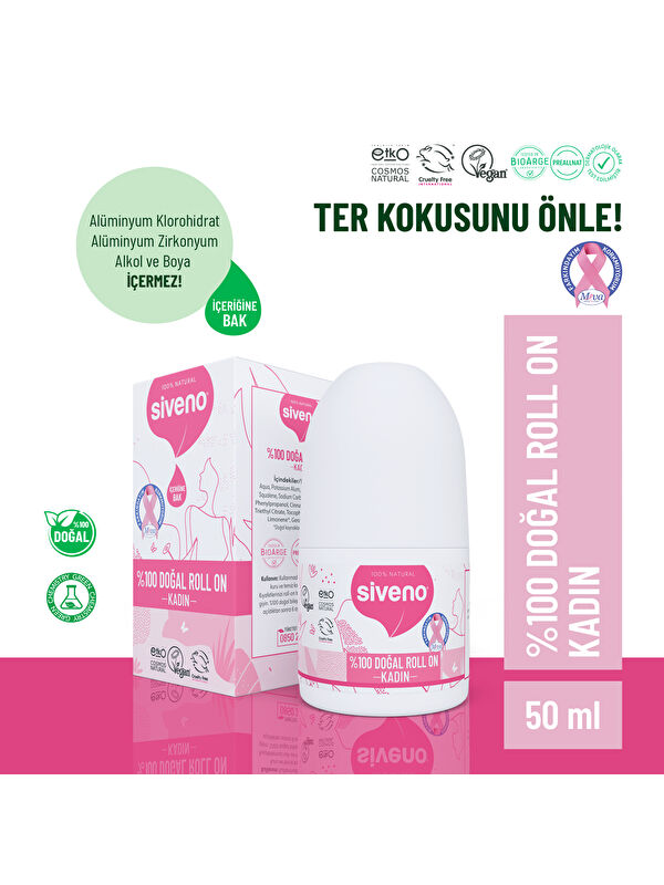 Siveno %100 Doğal Roll On Kadın Deodorant Ter Kokusu Önleyici Bitkisel Leke Bırakmayan Vegan 50 ml