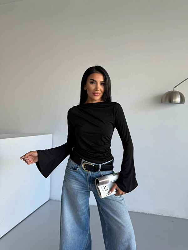 Hazelin Kadın Siyah Drape Detaylı İspanyol Kol Sany Bluz HZL25W-FRY123431