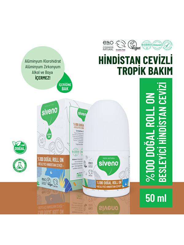 Siveno %100 Doğal Roll On Hindistan Cevizli Deodorant Ter Kokusu Önleyici Bitkisel Lekesiz Vegan 50 ml