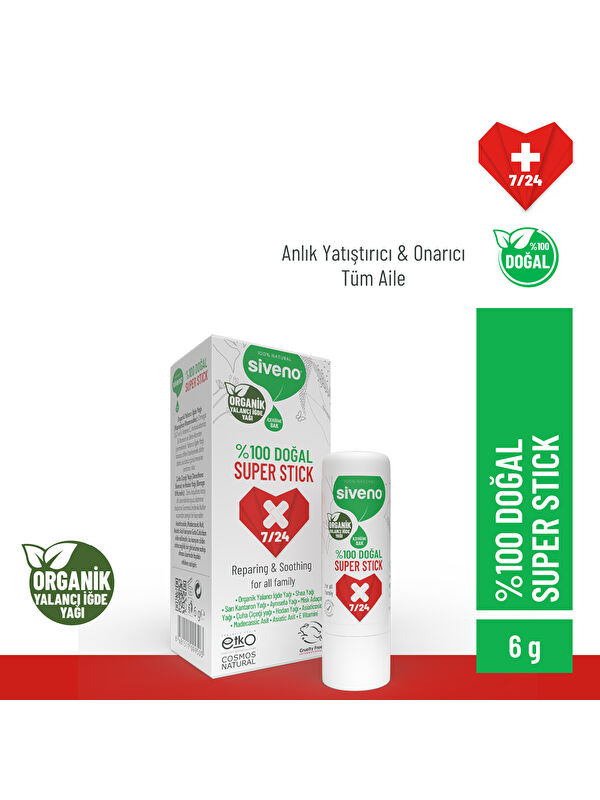 Siveno %100 Doğal Super Stick Anlık Yatıştırıcı Onarıcı Organik Yalancı İğde Yağlı Bitkisel 6 G