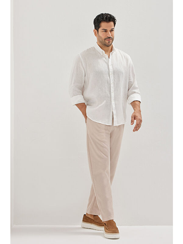 AC&Co / Altınyıldız Classics Erkek Bej Pamuklu Standart Fit Normal Kesim Beli Lastikli Diagonal Desenli Örme Pantolon