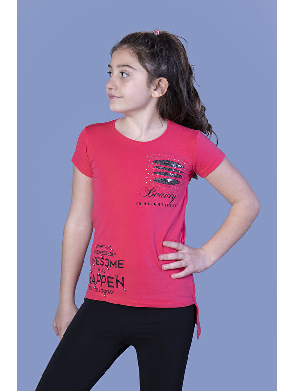 Toontoykids Kız Çocuk Tişört Göğsü Lazer Kesim Taşlı