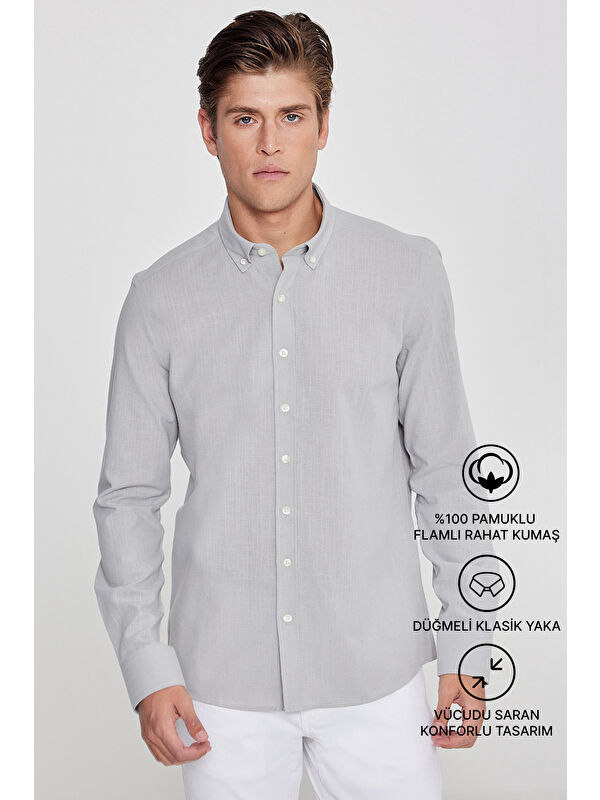 AC&Co / Altınyıldız Classics Erkek Gri %100 Pamuk Oxford Slim Fit Dar Kesim Düğmeli Yaka Flamlı Gömlek