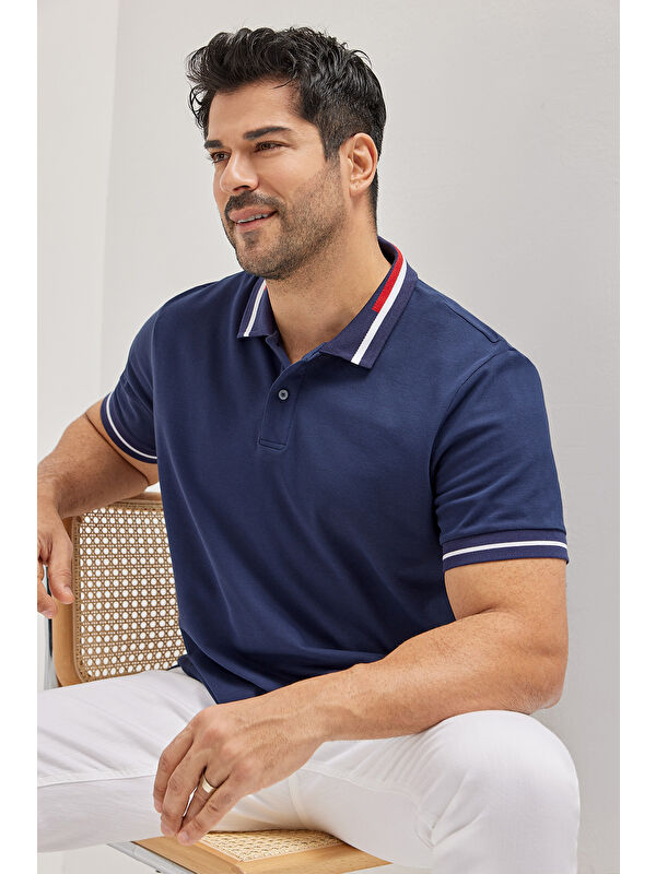 AC&Co / Altınyıldız Classics Erkek Lacivert Slim Fit Dar Kesim %100 Pamuk Polo Yaka Tişört