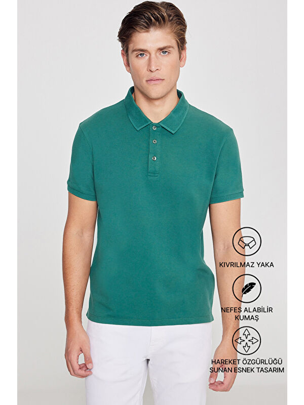 AC&Co / Altınyıldız Classics Erkek Koyu Yeşil Slim Fit Dar Kesim Polo Yaka %100 Pamuk Kısa Kollu Tişört