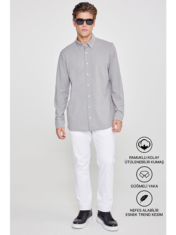 AC&Co / Altınyıldız Classics Erkek Gri Pamuklu Tailored Slim Fit Dar Kesim Düğmeli Yaka Örme Gömlek