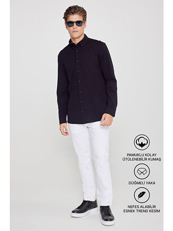 AC&Co / Altınyıldız Classics Erkek Siyah Pamuklu Tailored Slim Fit Dar Kesim Düğmeli Yaka Örme Gömlek