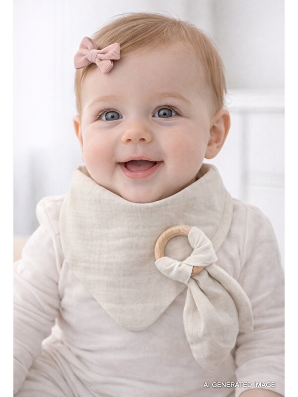 Babyjem Ahşap Diş Kaşıyıcılı Bürümcük Müslin Önlük Ekru