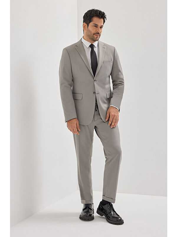 AC&Co / Altınyıldız Classics Erkek Gri Slim Fit Dar Kesim Mono Yaka Beli Bağlamalı Kapak Cepli Esnek Takım Elbise