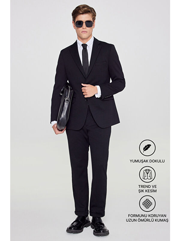 AC&Co / Altınyıldız Classics Erkek Siyah Slim Fit Dar Kesim Mono Yaka Beli Bağlamalı Kapak Cepli Esnek Takım Elbise