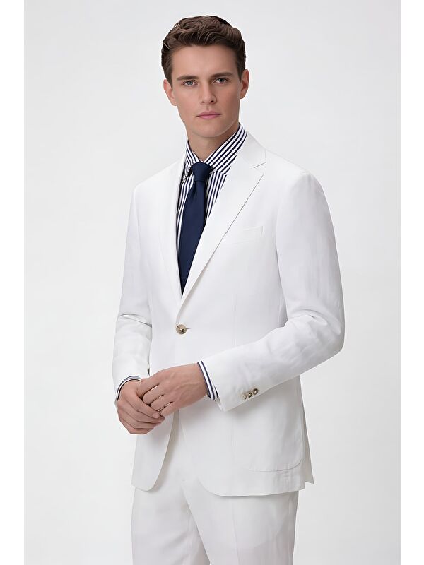 Sabri Özel Erkek Beyaz Dar Kesim Slim Fit %100 Keten Mono Yaka Astarsız Çift Yırtmaçlı 6 Drop Takım Elbise